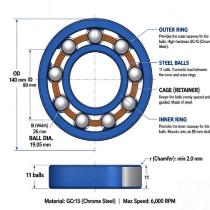 6216 deep groove ball bearing structure showing inner ring, outer ring, steel balls and cage
